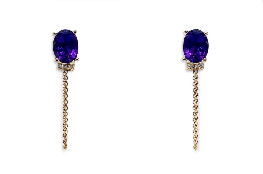 Earrings 18kt Gold Oval Amethyst Chain & Diamonds Studs