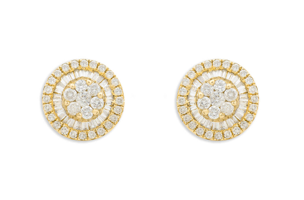 Earrings 18kt Yellow Gold Baguette & Round Diamonds Pizza