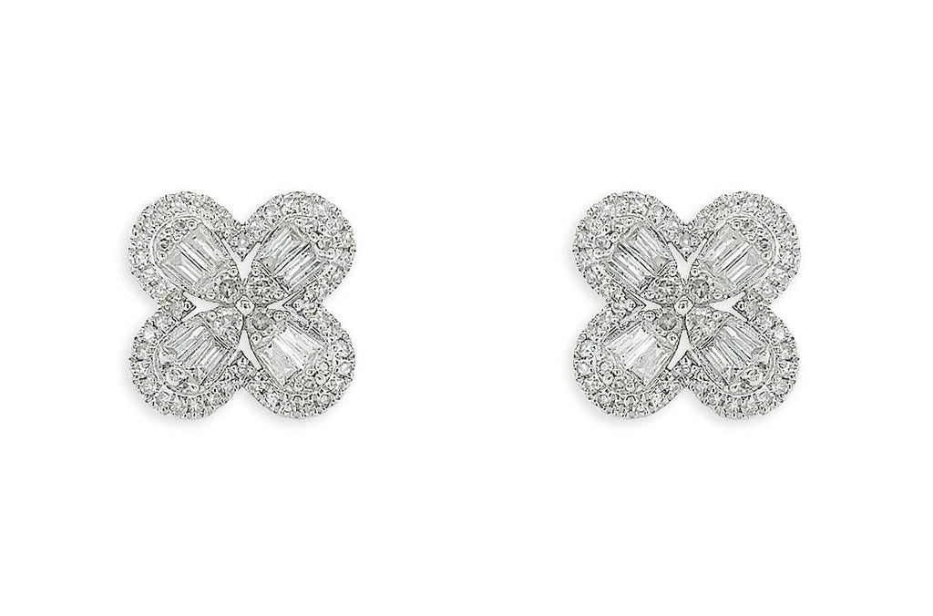 Earrings 18kt Gold Four Petals & Halo Diamonds Flowers
