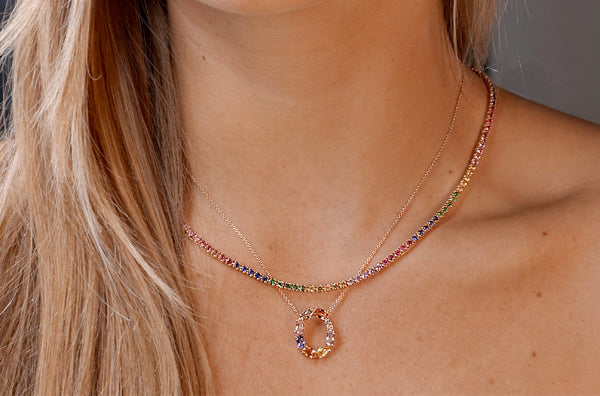 Necklace 18kt Gold Multicolor Sapphires & Tsavorites Tennis