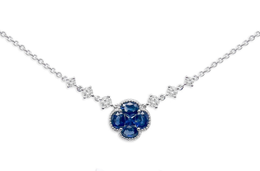 Necklace 18kt Gold Blue Sapphire Clover & Diamonds