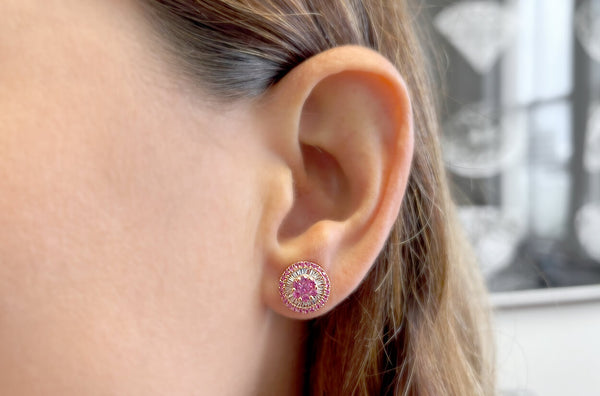 Earrings 18kt Gold Center-Border Pink Sapphires & Diamonds Pizza