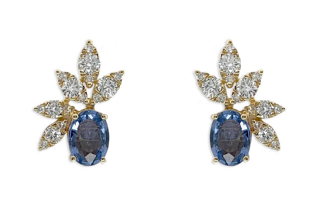 Earrings 18kt Yellow Gold Oval Sapphire & Diamonds Flowers