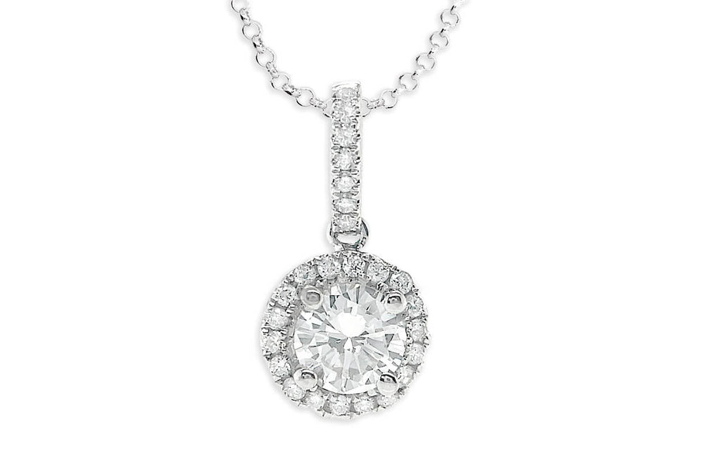 Necklace 18kt Gold Round GIA Diamond with Halo & Pave