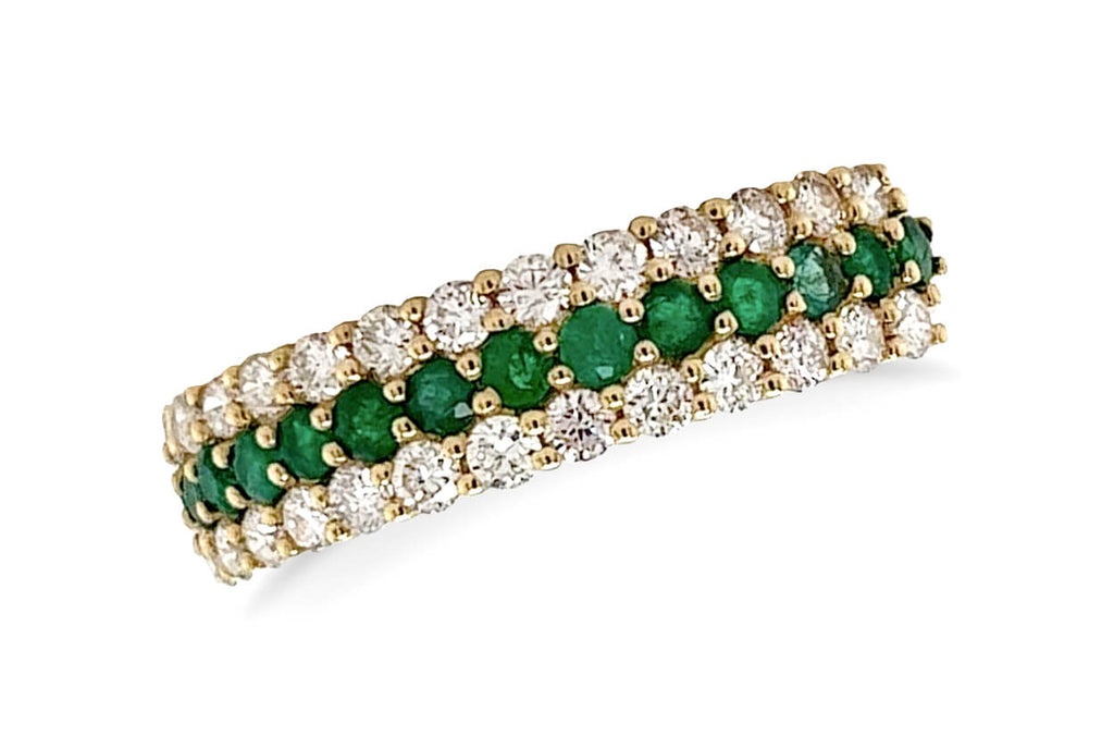 Ring 18kt Gold 3-Row Band Emeralds & Diamonds