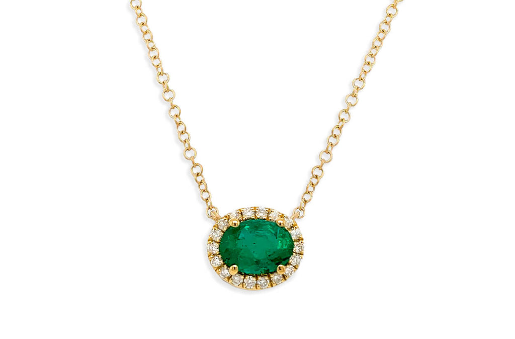 Necklace 18kt Gold Oval Emerald & Diamonds Halo Pendant