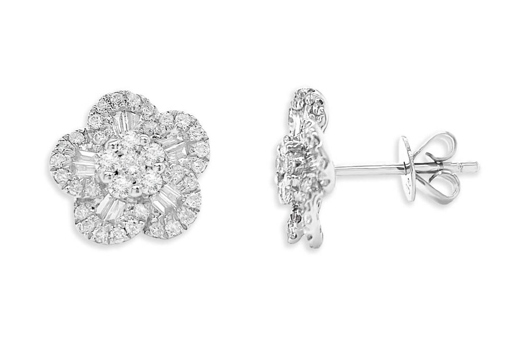 Earrings 18kt White Gold Flowers Baguette & Round Diamonds