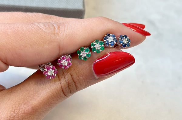 Earrings 18kt Gold Petite Flowers Gemstones & Diamonds Studs