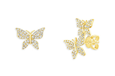 Earrings 14kt Yellow Gold Asymmetrical Butterflies & Diamonds