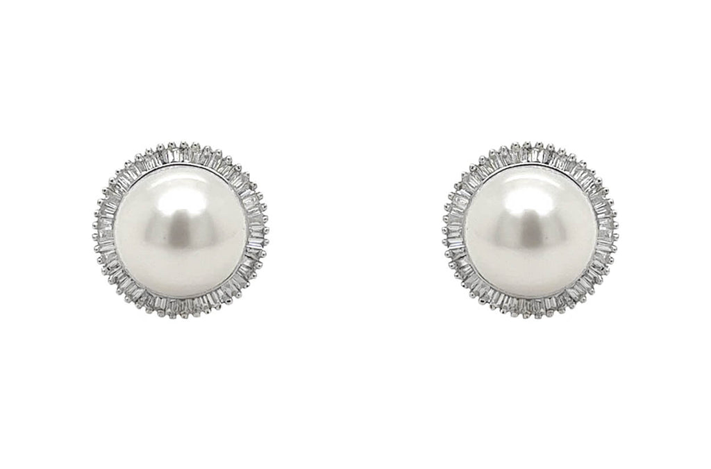 Earrings 18kt Gold Pearls & Baguette Diamonds Halo Studs