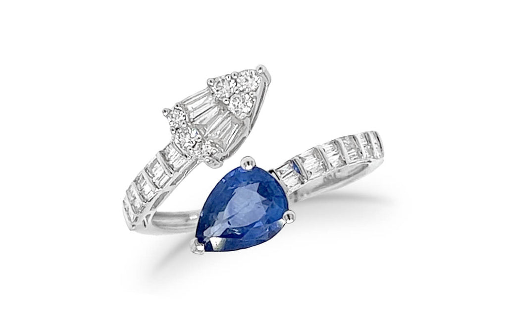 Ring 18kt Gold Open Pear Blue Sapphire & Diamonds
