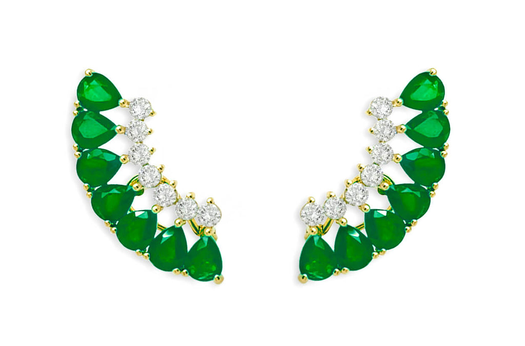 Earrings 18kt Gold Climbers Pear Emeralds with Diamonds
