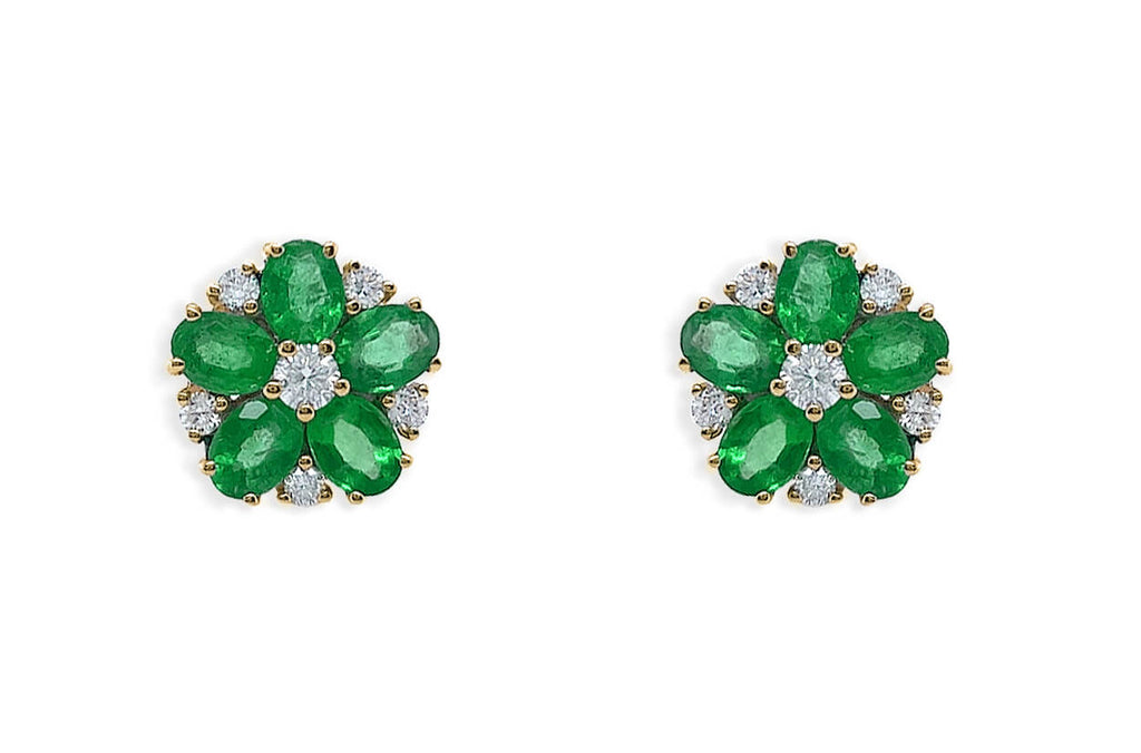 Earrings 14kt Gold Flowers Oval Emeralds & Diamonds