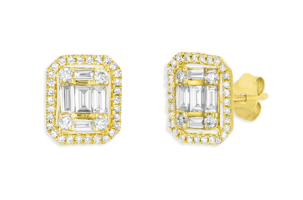 Earrings 18kt Yellow Gold Emerald Illusion Diamonds Halo Studs