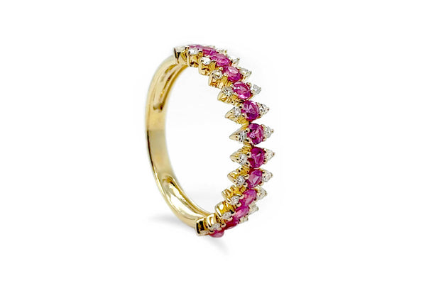 Ring 14kt Gold Round Pink Sapphires & Diamonds Band