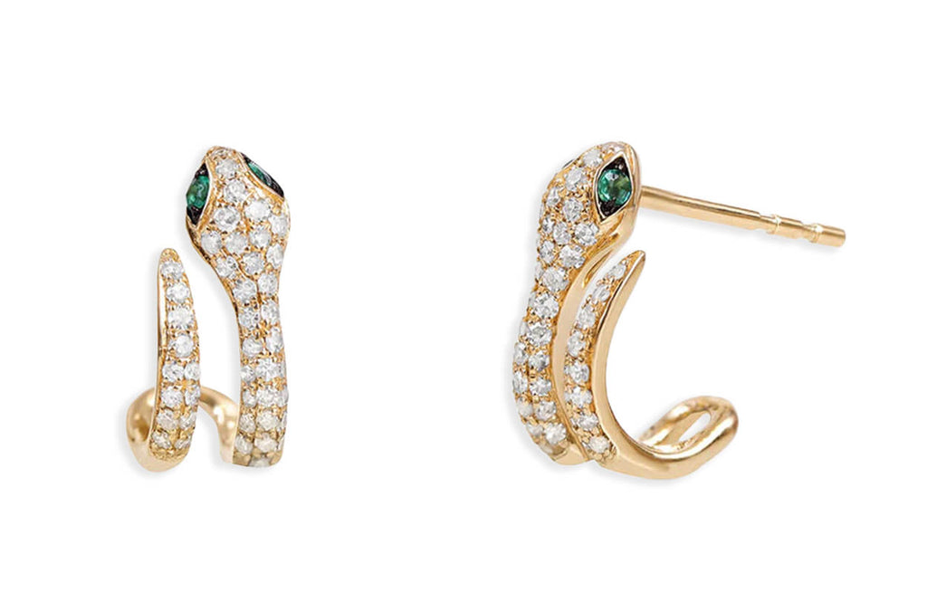 Earrings 14kt Double Semi Huggies Snakes Diamonds & Emerald Eyes