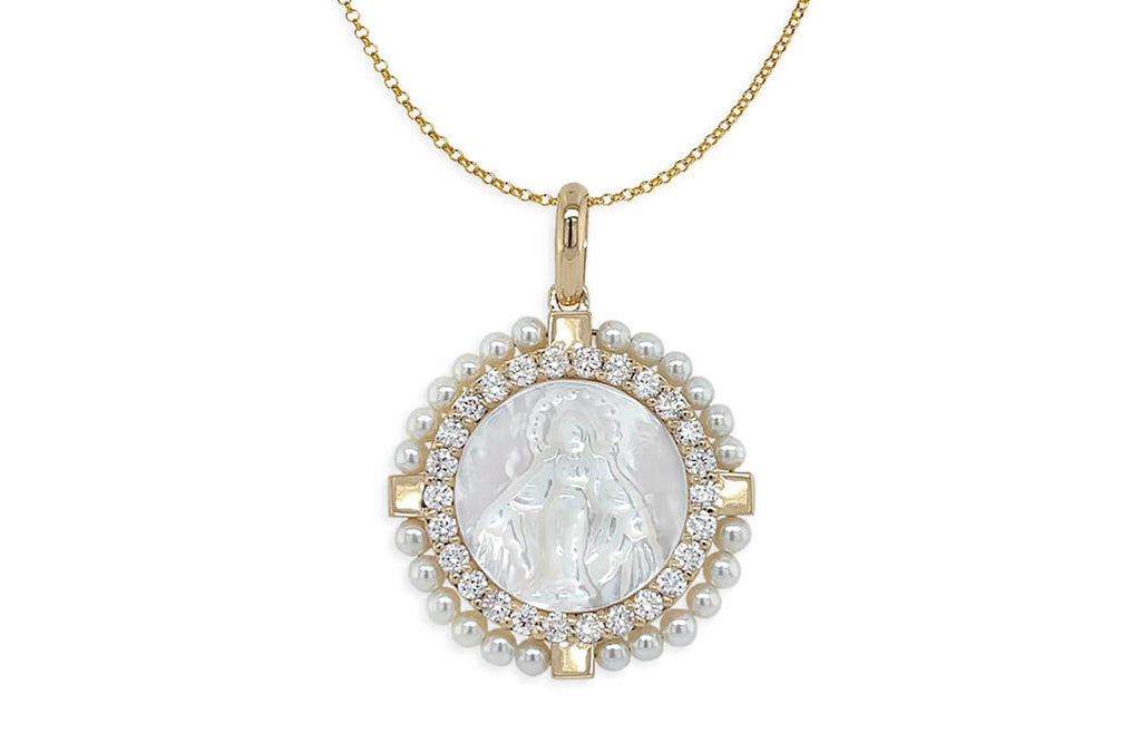 Necklace 18kt Gold Mother Pearl Miraculous Diamonds & Pearls Medal