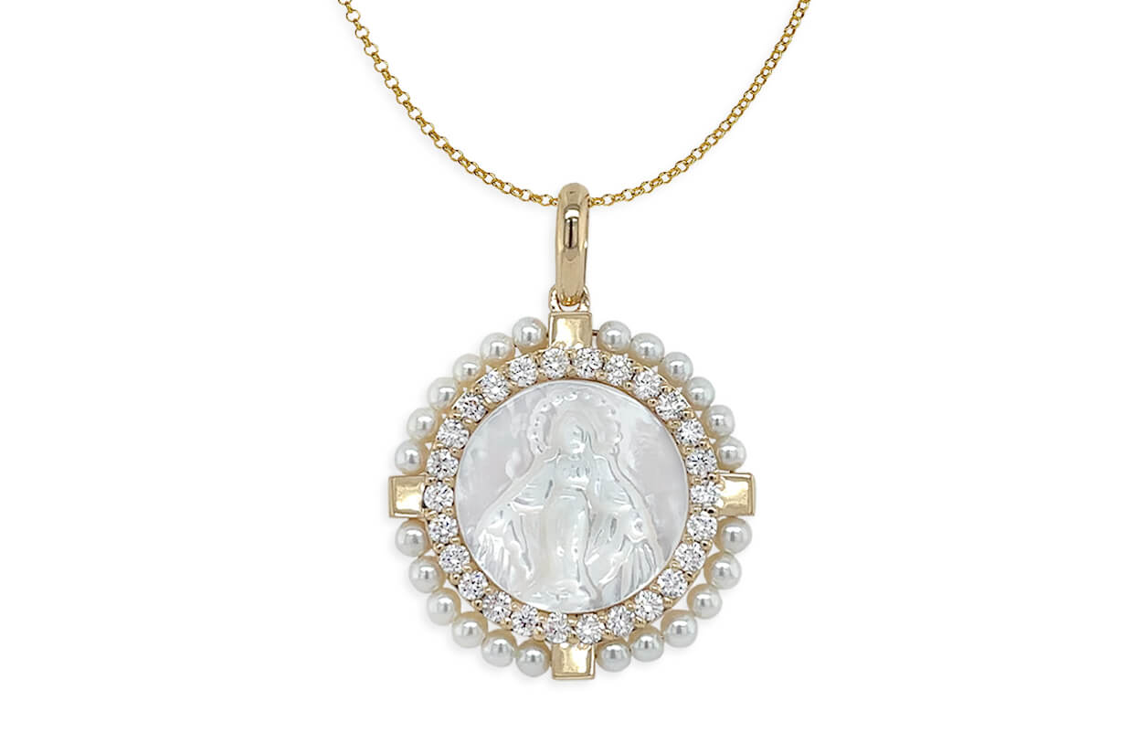 ▽ Medal 18kt Gold Mother Pearl Miraculous & Round Pearls Pendant