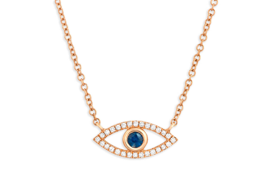 Necklace 14kt Rose Gold Evil Eye Bezel Sapphire & Diamonds