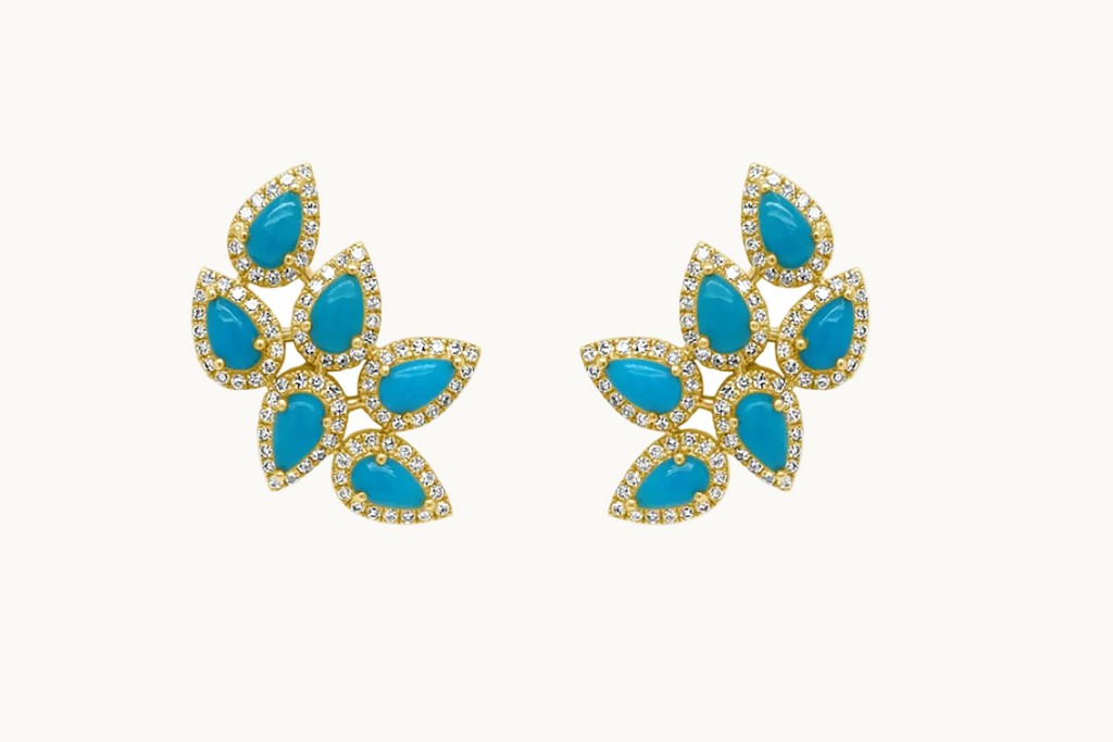 Earrings 14kt Gold Climbers Pear Cabouchon Turquoise with Diamonds