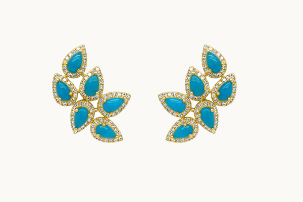 Earrings 14kt Gold Climbers Pear Cabouchon Turquoise with Diamonds