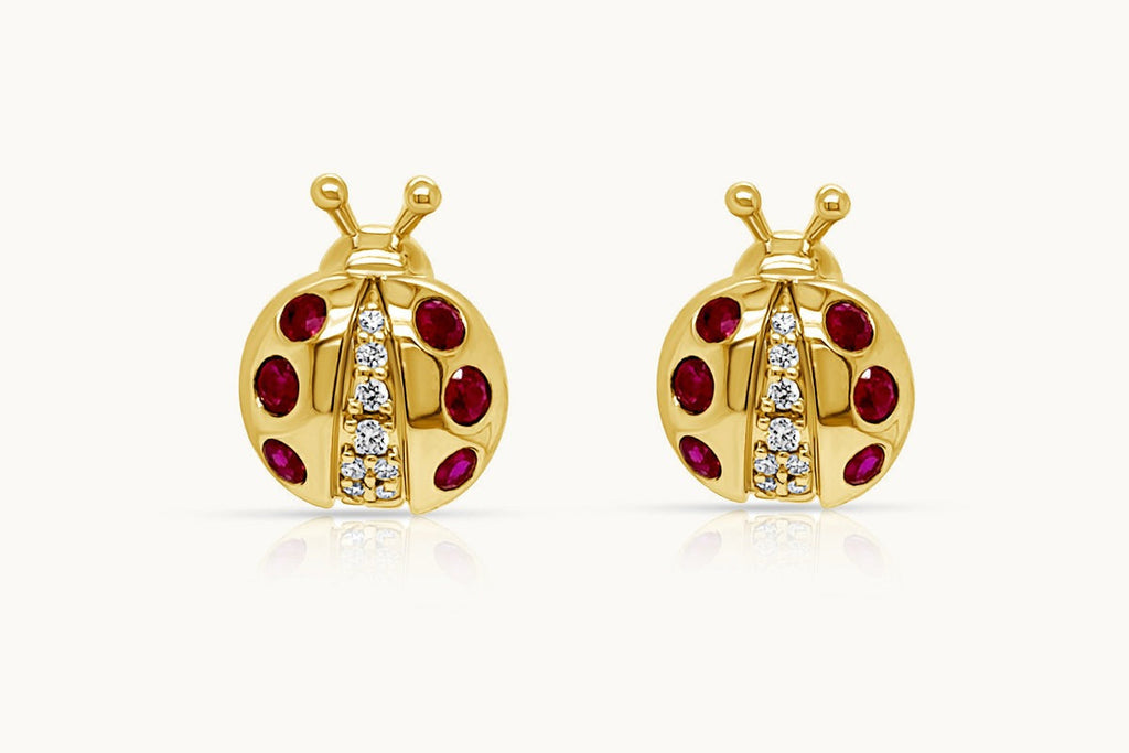 Earrings 18Kt Gold Ladybugs with Rubies and Diamonds