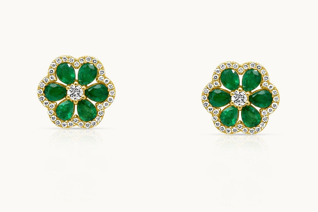 Earrings 18kt Yellow Gold Flowers Emeralds & Diamonds