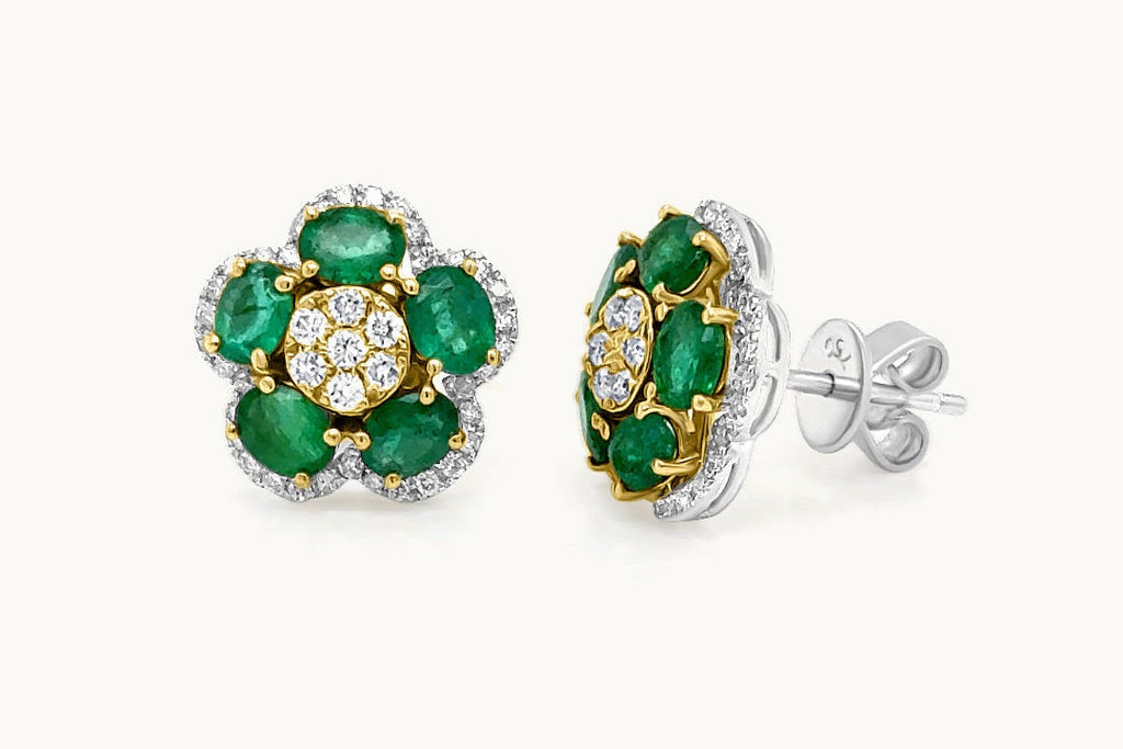 Earrings 18kt Yellow and White Gold Emerald & Diamonds Flowers