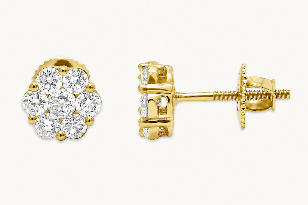 Earrings 0.45 cts Diamonds Round Cluster 14kt Yellow Gold