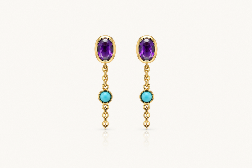Earrings 14kt Gold Amethyst & Turquoise Chain