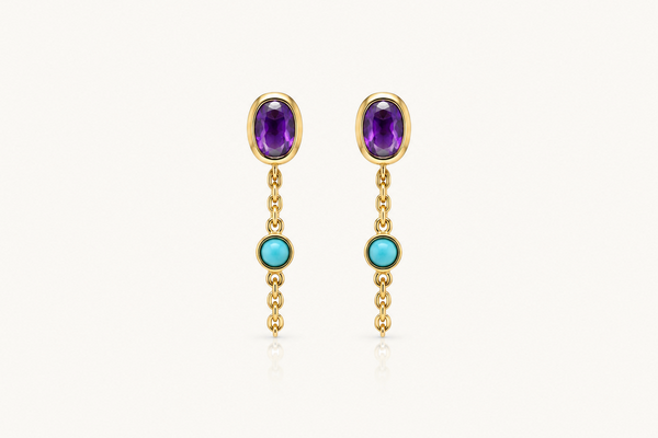 Earrings 14kt Gold Amethyst & Turquoise Chain