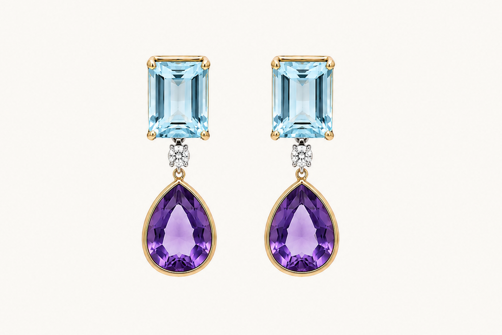 Earrings 14kt Gold Aquamarines, Diamonds & Amethyst Drops