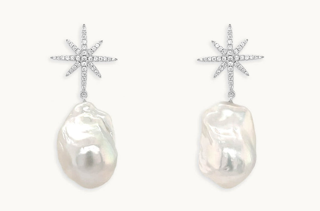 Earrings 14kt Gold Baroque Pearls & Diamonds Star Drop
