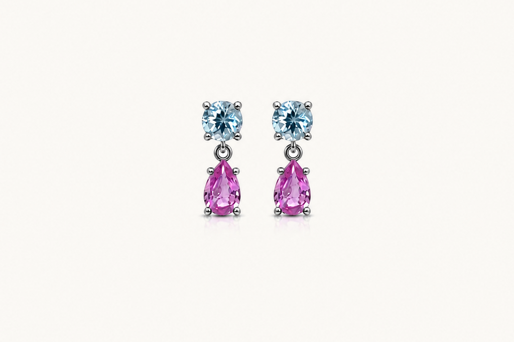 Earrings 14kt Gold Blue Topaz and Pink Sapphires Drops