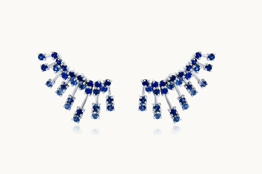 Earrings 14kt Gold Climber Round Sapphires Stardusts