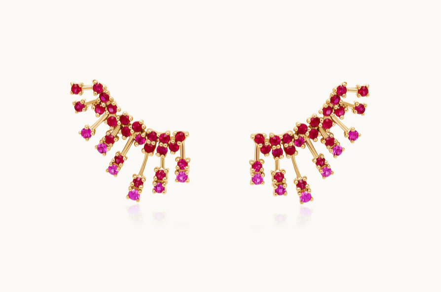 Earrings 14kt Gold Climber Round Rubies Stardusts