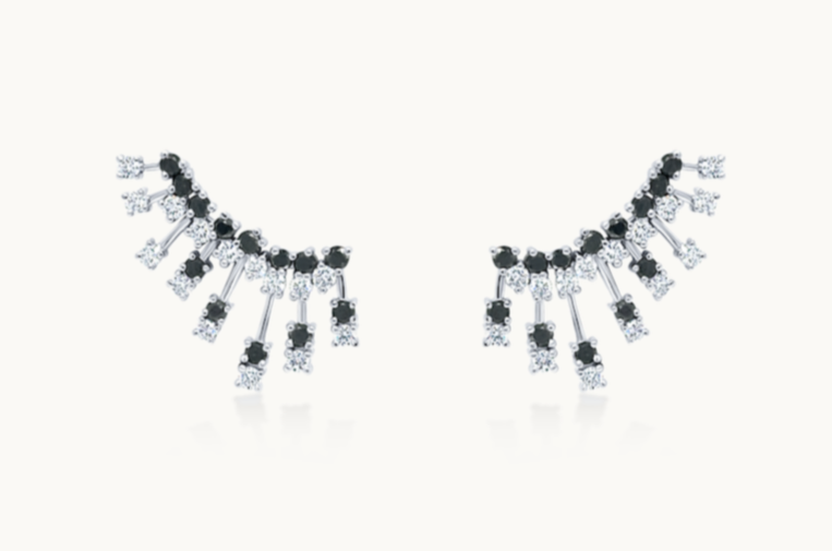 Earrings 14kt Gold Climber Round White and Black Diamonds Stardusts