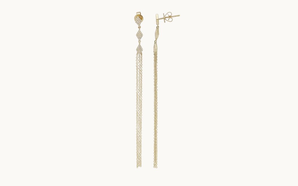 Earrings 14kt Gold rhombus-shaped Diamonds and rain of Chains