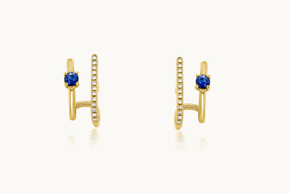 Earrings 14kt Gold Double Row Sapphire & Diamonds