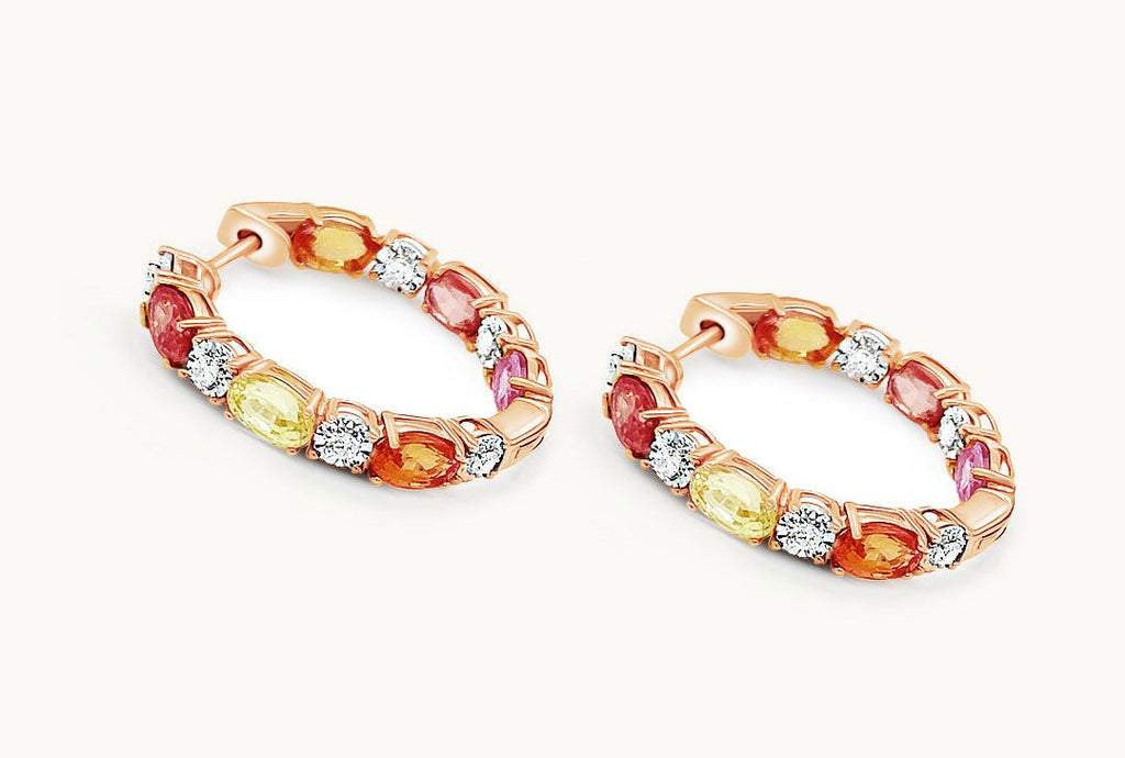 Earrings 14kt Gold Multicolor Oval Sapphires & Diamonds Hoops