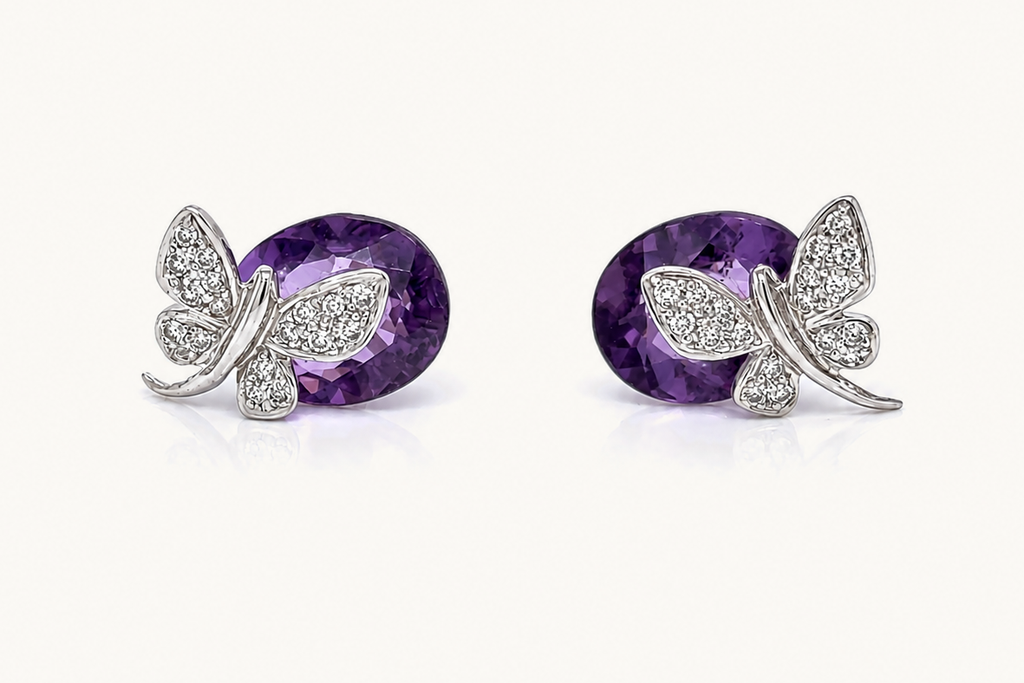 Earrings 14kt Gold Oval Amethyst  & Butterfly Diamonds Studs
