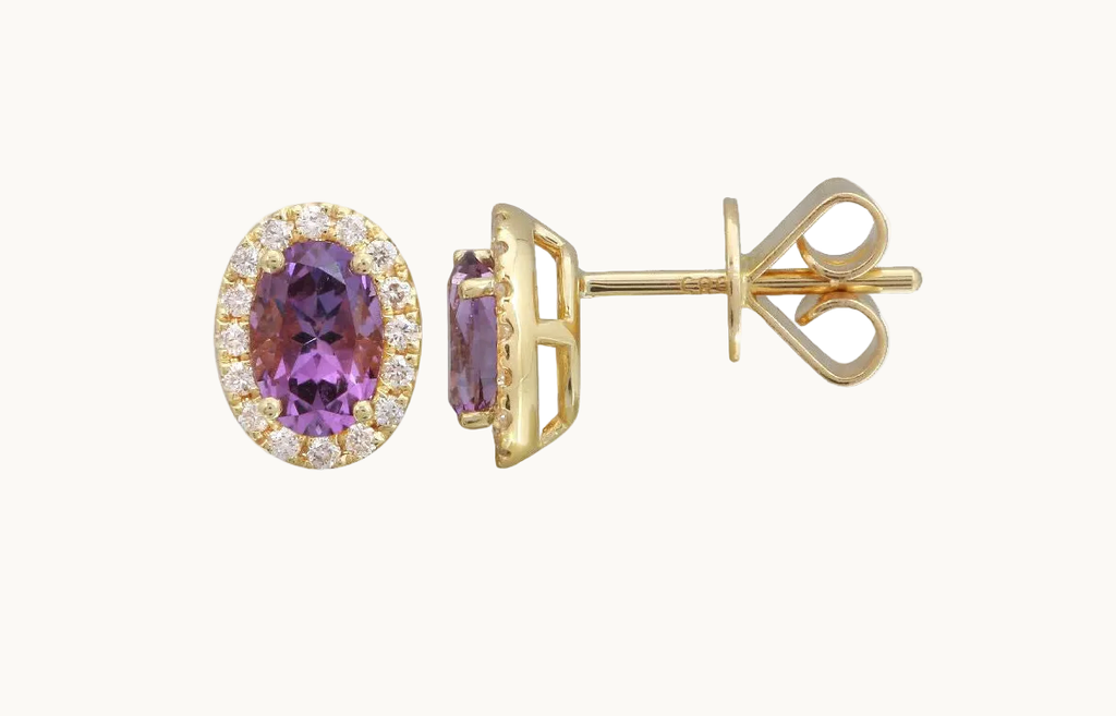 Earrings 14Kt Gold Oval Amethyst & Halo Round Diamonds Studs