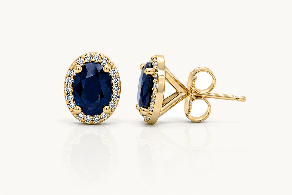Earrings 14Kt Gold Oval Blue Sapphires & Halo Round Diamonds Studs