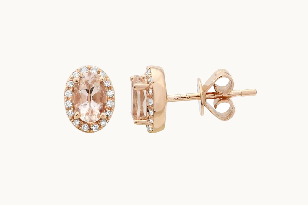 Earrings 14Kt Gold Oval Morganite & Halo Round Diamonds Studs
