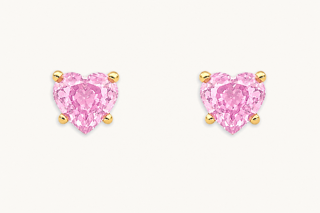 Earrings 14kt Gold & Pink Sapphires Hearts Studs