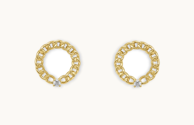 Earrings 14kt Gold Round Diamond & Chain Open Circle