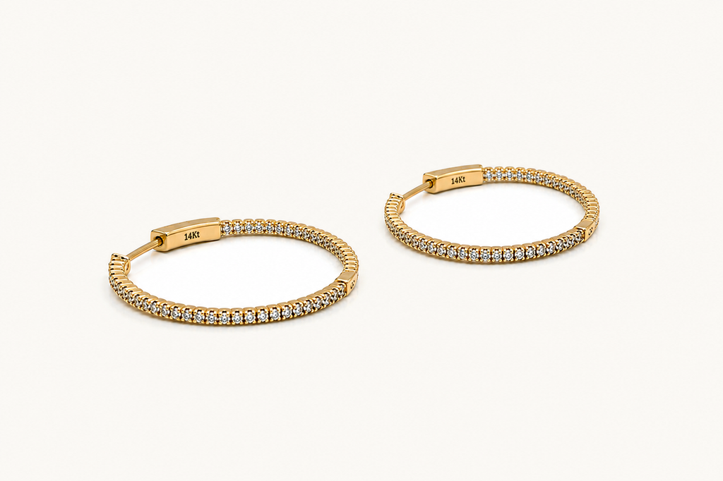 Earrings 14 kt Gold Round Large Hoops & Diamonds
