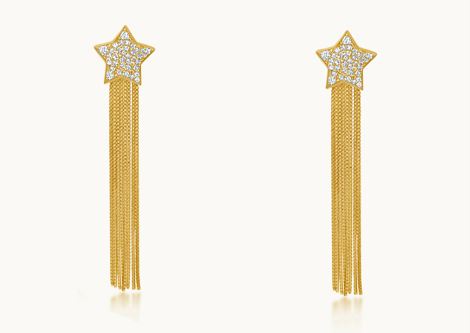 Earrings 14kt Gold Star with Diamonds and rain of Chains