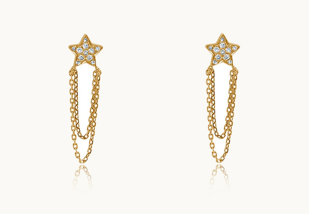 Earrings 14kt Gold Star Chain & Diamonds