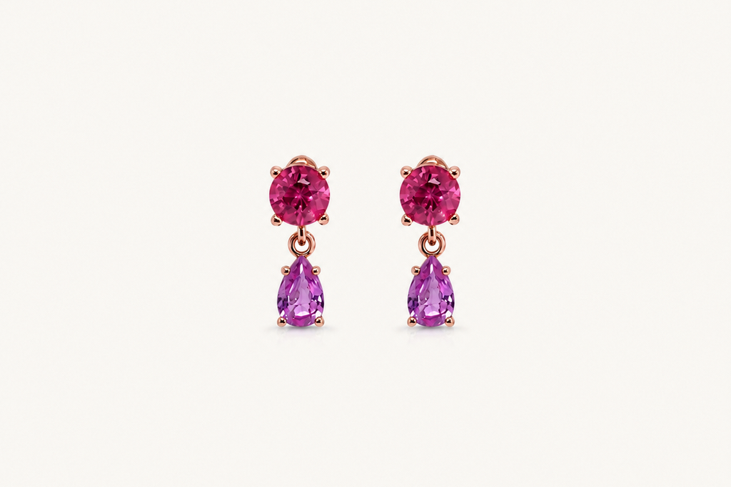 Earrings 14kt Gold Tourmaline and Pink Sapphires Drops